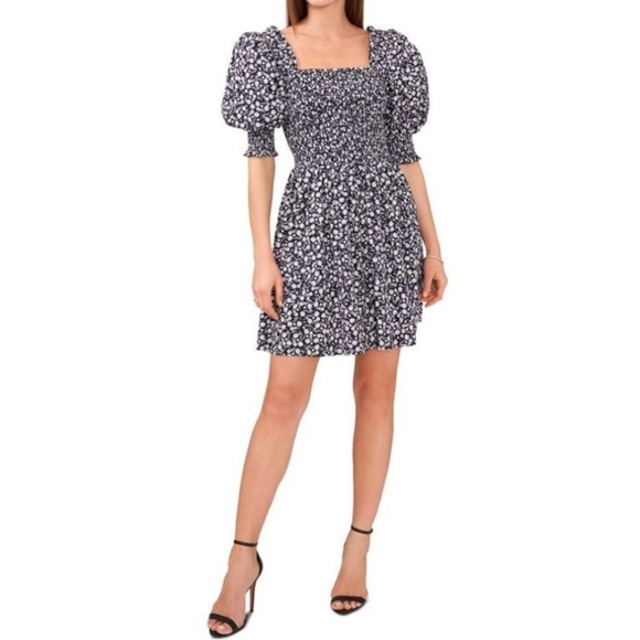 MSK Floral Puff Sleeve Smocked Bodice Dress Navy Blue Size Medium - Picture 1 of 9